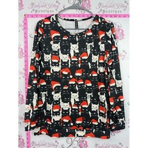Prinstory top cats Black Cat Print Holiday Top with Red Santa Hats